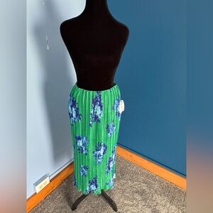 Scoop Pull-On Pleated Pencil Skirt XS Green Blue Floral NWT